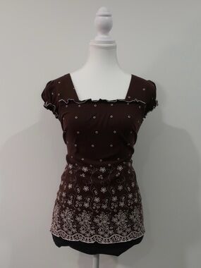 MIKK Couture Brown Cream Floral Embroidered Peplum Top Babydoll Coquette Y2K S